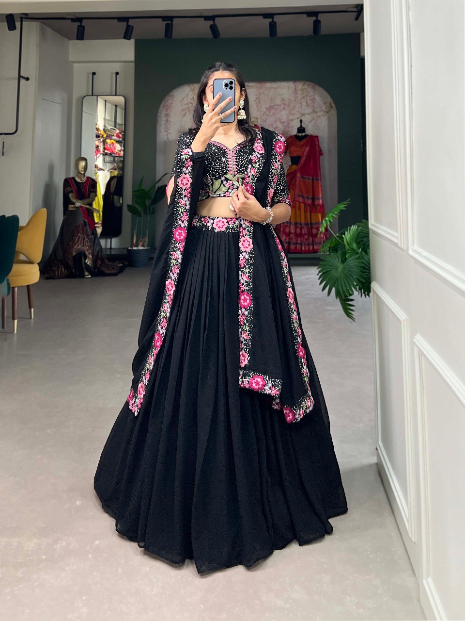 Pretty Black Sequins Georgette Party Wear Lehenga Choli With Dupatta