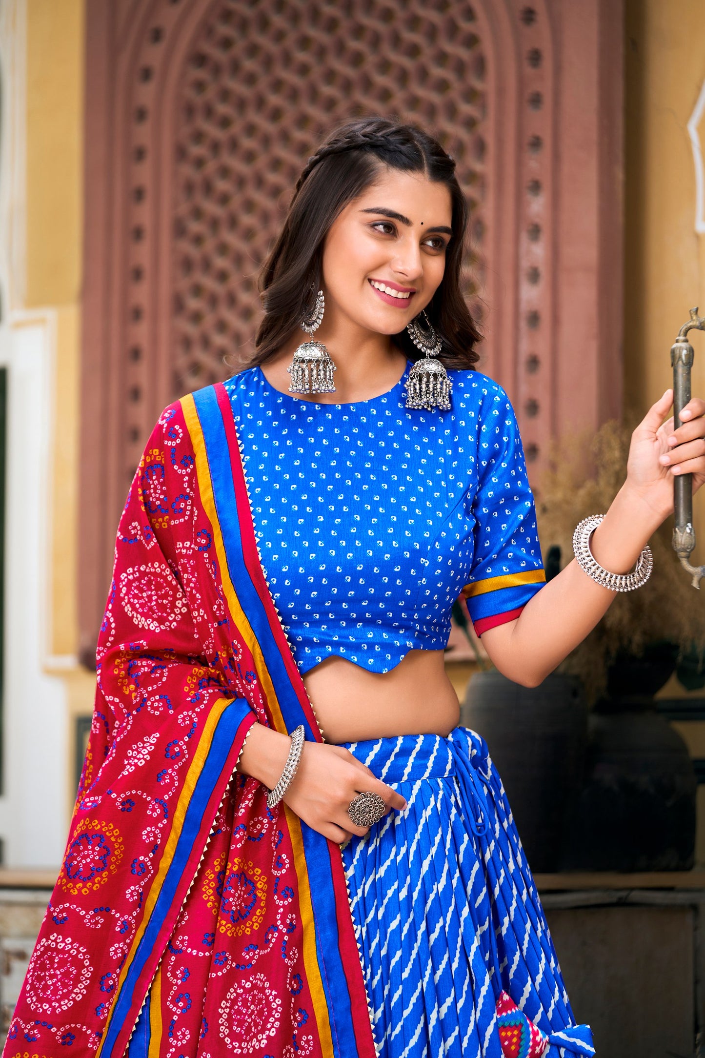 Royal Blue Tussar Silk Lehenga Choli with Leheriya Print, Patola Border & Bandhani Dupatta