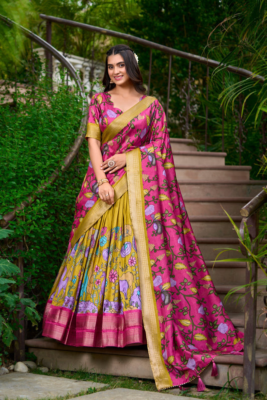 Mustard Yellow Kalamkari Dola Silk Lehenga Choli Set with Zari Borders