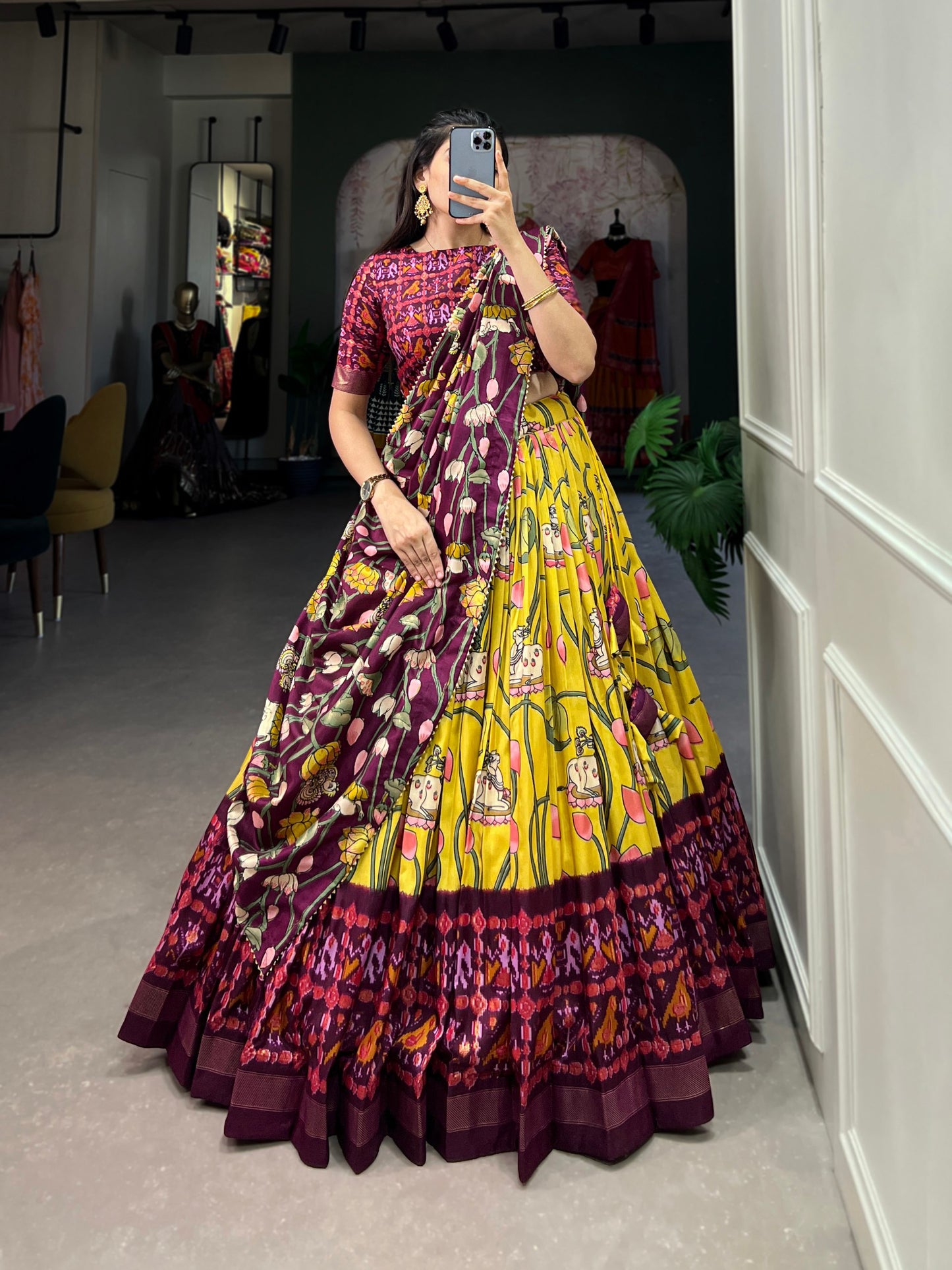 Tussar Silk Patola Print Yellow Lehenga Choli