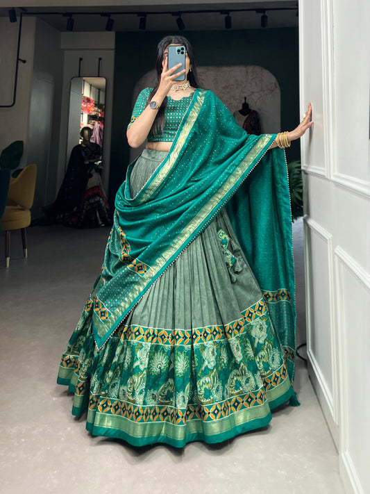 Sea Green Tussar Silk Lehenga Choli with Exquisite Foil Print Florals