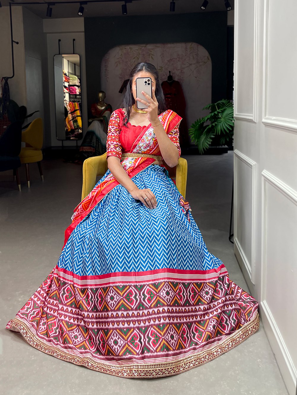 Blue Color Leheriya Patola Print Chinon Lehenga Choli