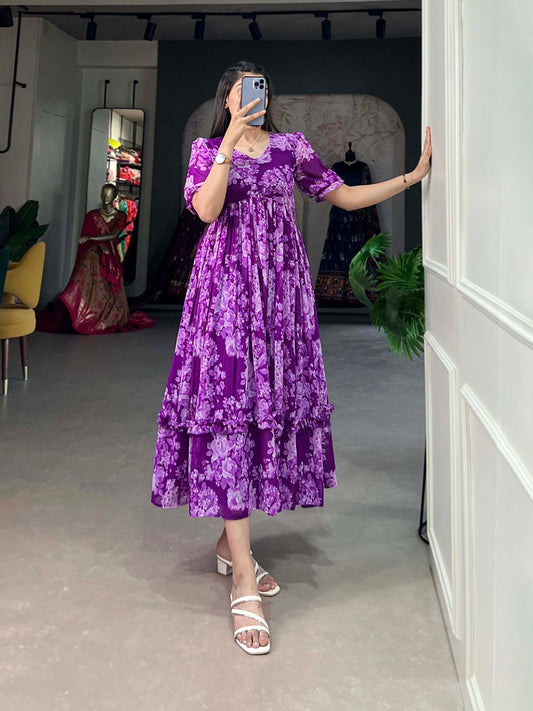 Purple Floral Print Midi Dress with Puff Sleeves