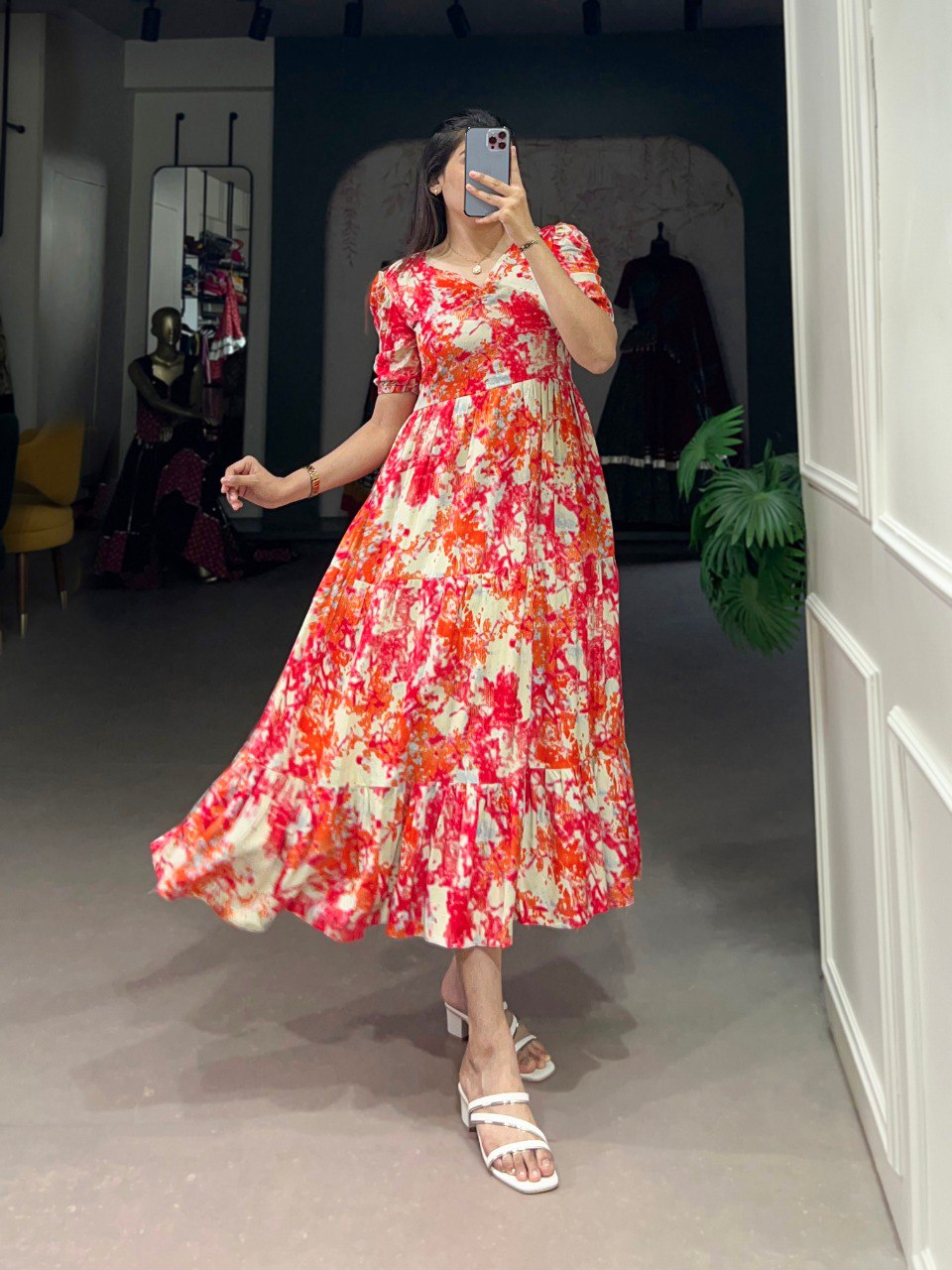 Orange Floral Print Sweetheart Midi Dress with Puff Sleeves