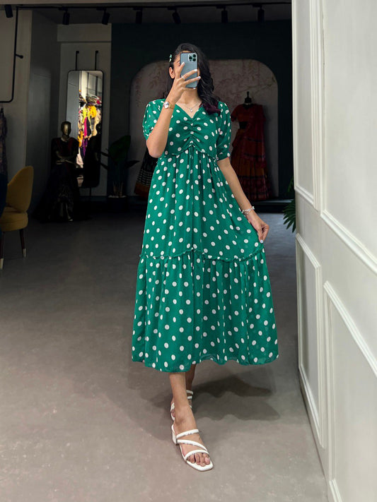 Vintage Polta Dot Print Green Georgette Midi Dress