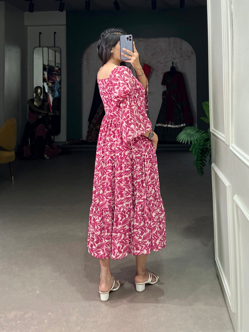 Leaf Print Tiered Boho Pink Midi Dress with Bell Sleeves