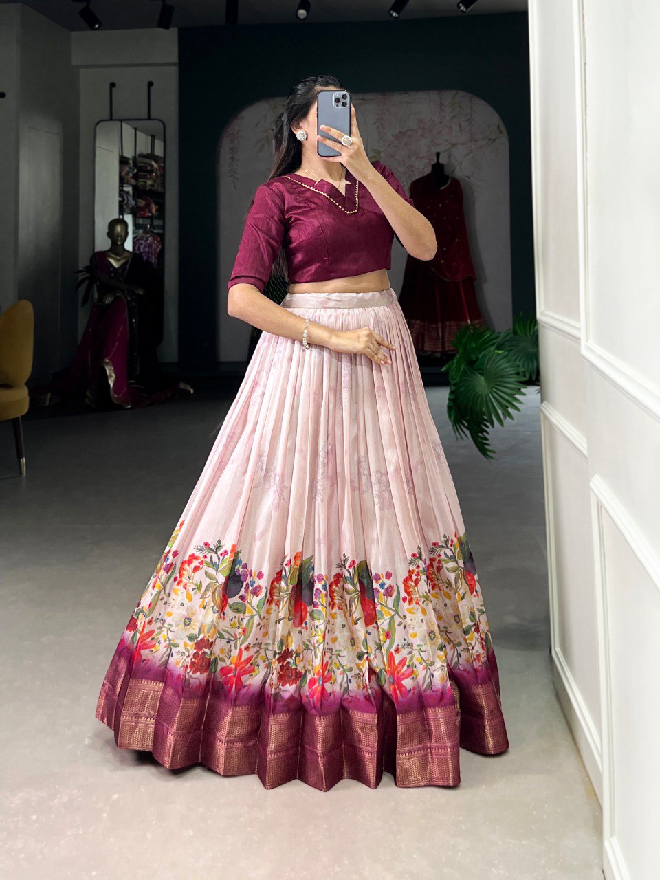 Elegance Wine Cotton Silk Ready to Wear Crop Top And Party Lehenga