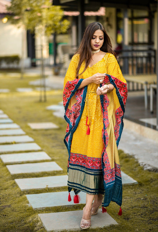 Yellow Color Digital Bandhni Printed Pure Gaji Silk Kaftan