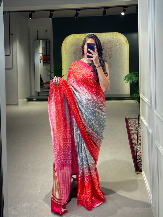 Red Elegant Pure Gaji Silk Bandhani Patola Print Saree