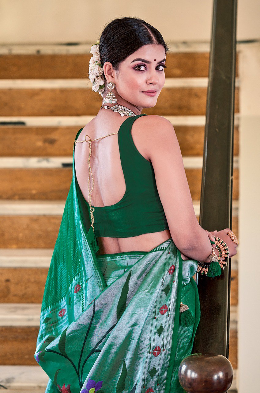 Exquisite Green Viscose Paithani Meenakari Saree