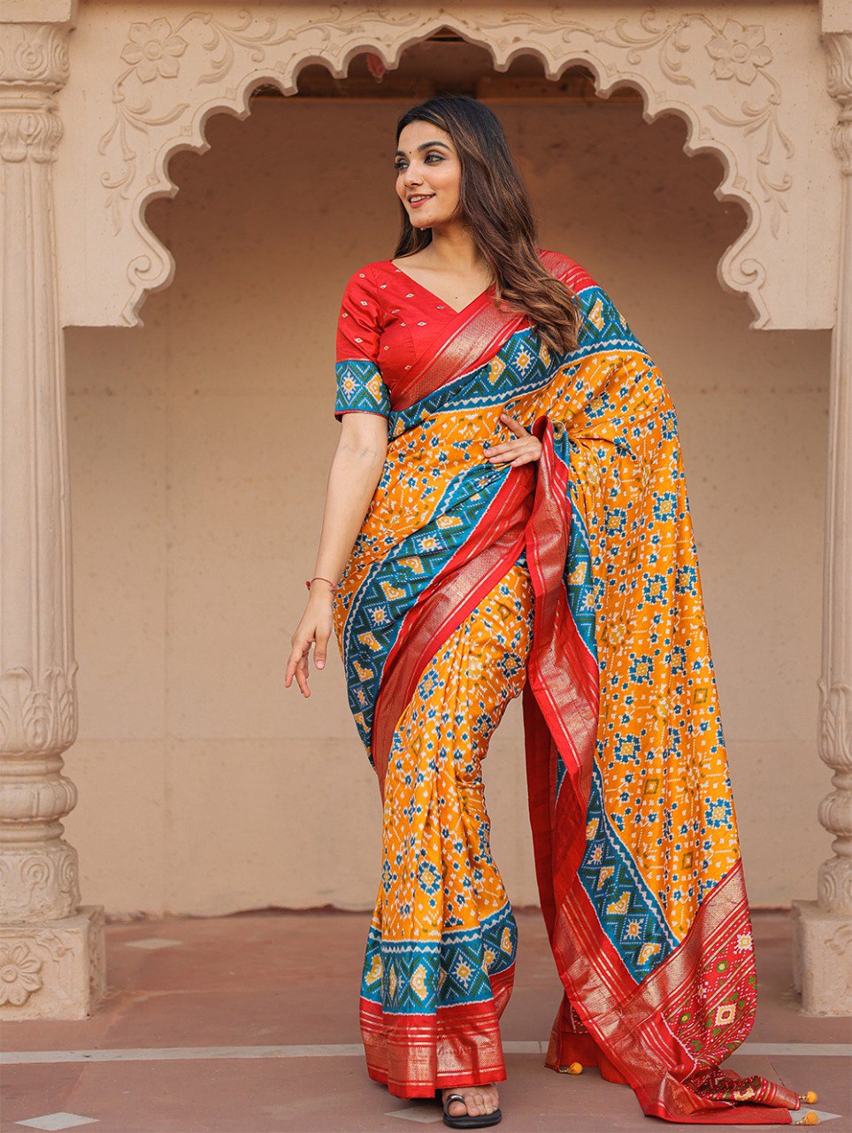 Mustard Color Patola with Foil Printed Dola Silk Saree