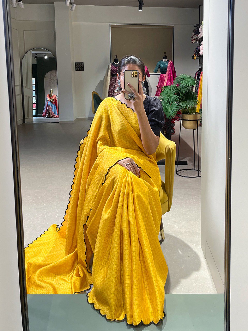 Wonderful Yellow Arca Work Gadhawal Chex Event Wear Saree With Blouse