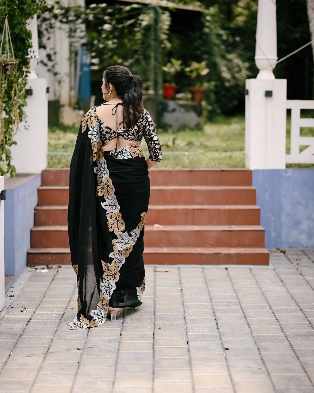 Silver And Gold Maple Leaf Black Satin Chiffon Saree