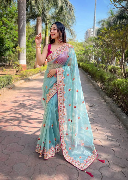 Sky blue Twill Net Designer Embroidery Work With Embellished Diamond Work Saree