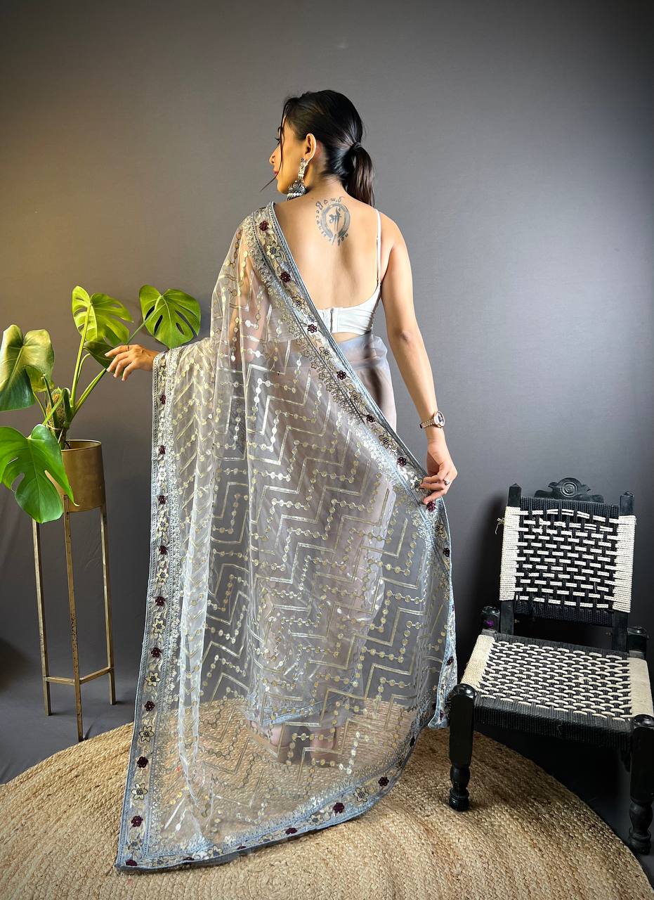 Grey Net Embellished Saree With Unstitched Blouse