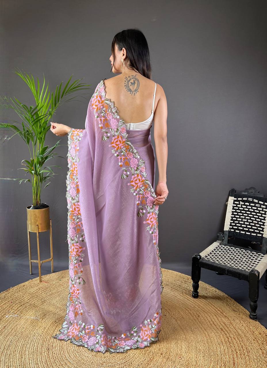 Designer Cross Stitch Floral Embroidery Cut Work Border Lavender Glossy Silk Saree With Blouse