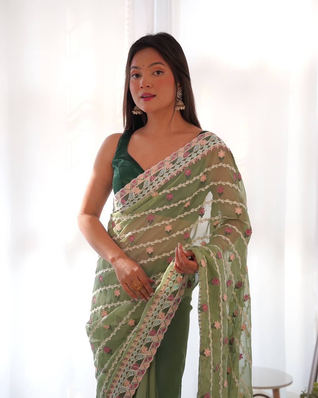 Green Emroidery Worked Organza Silk Saree