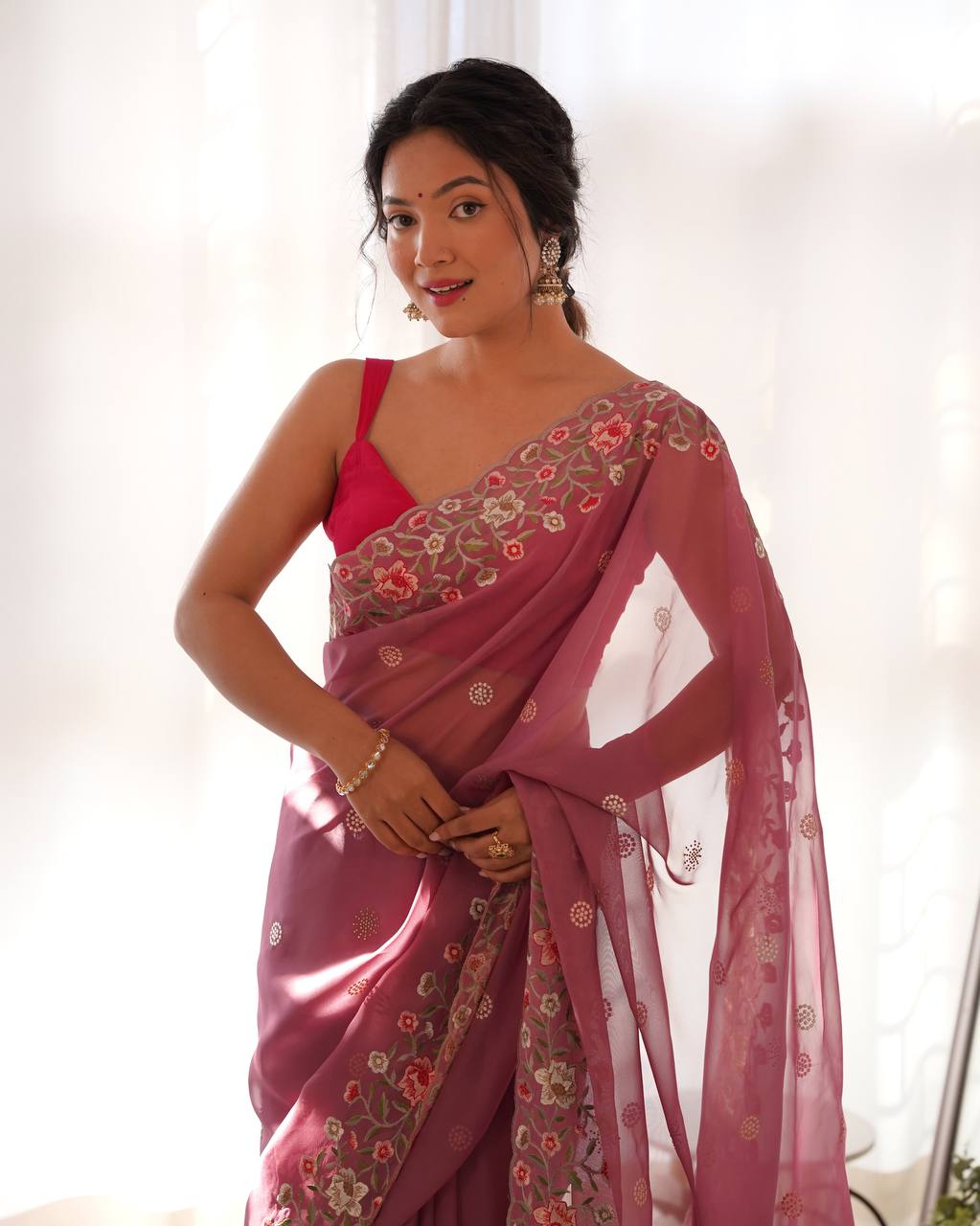 Floral Embroidered Elegance Thai Organza Silk Saree