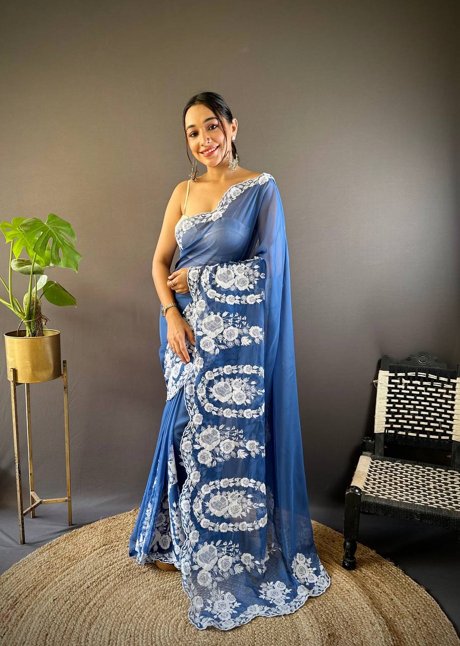 Blue Organza Embroidered Light Weight Saree