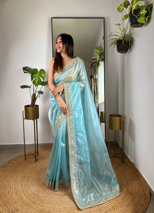 Women's Silver Tissue Silk Solid Blue Saree & Un Stich Blouse