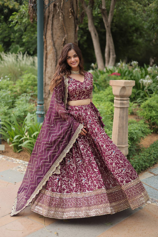 Beautiful Wine Sequins Jacquard Wedding Wear Lehenga Choli