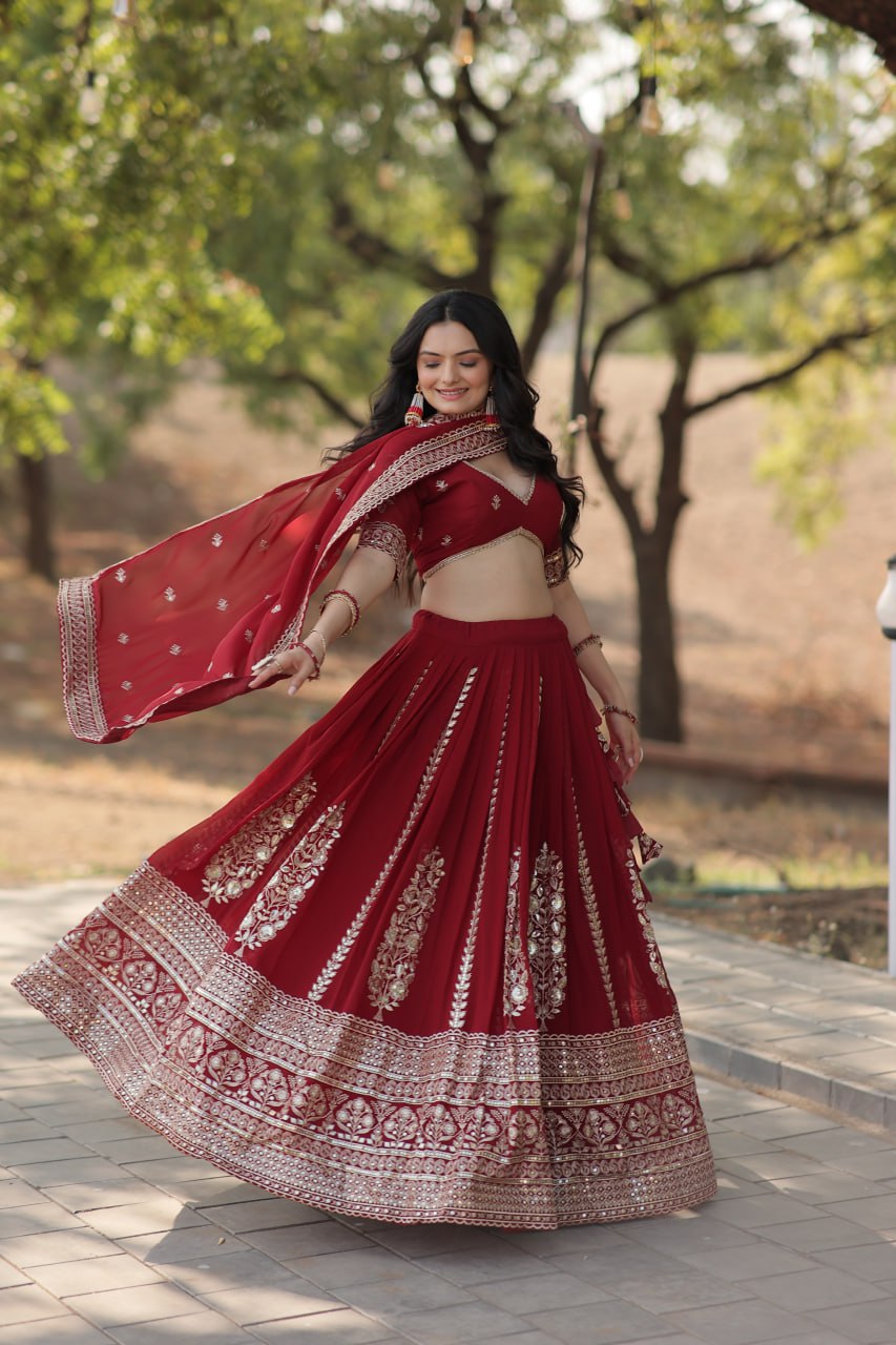 Maroon Sequin Embroidered Faux Blooming Georgette Lehenga Set