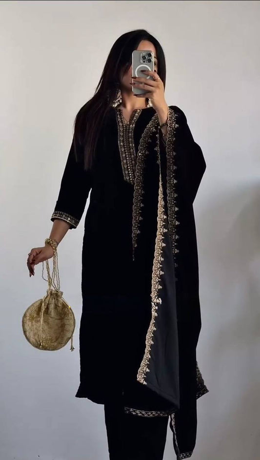 Black Viscos Velvet Salwar Suit With Dupatta