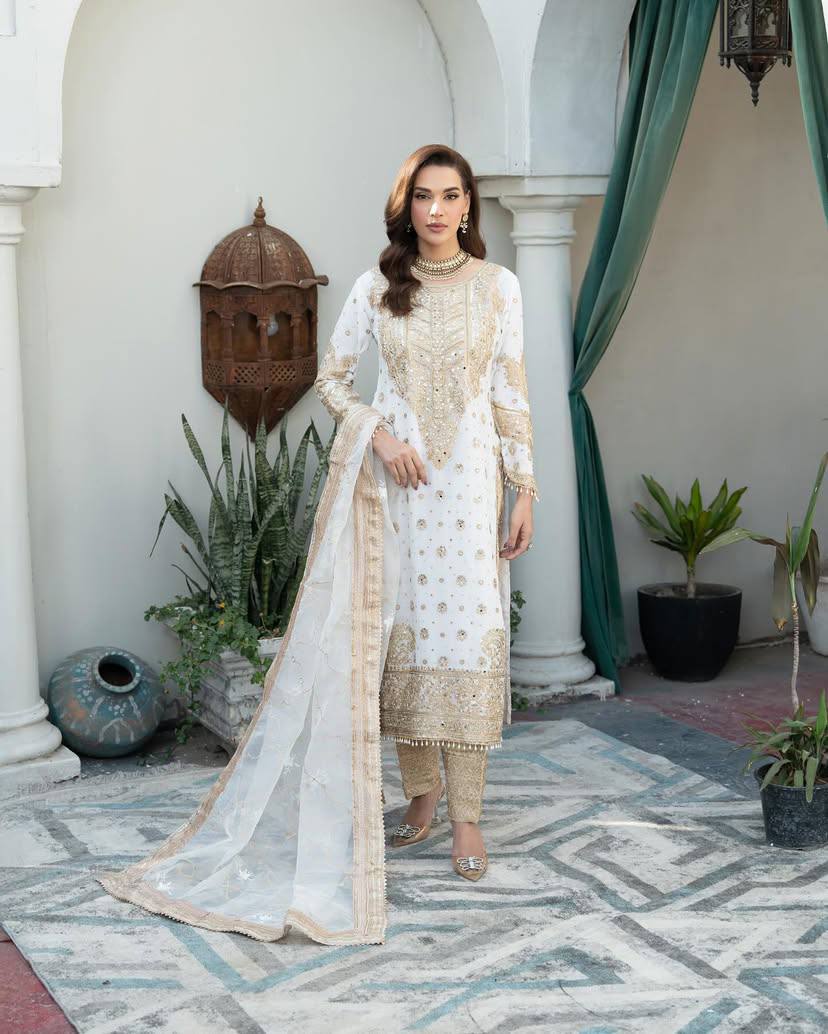 White Golden Chiffon Party Suit