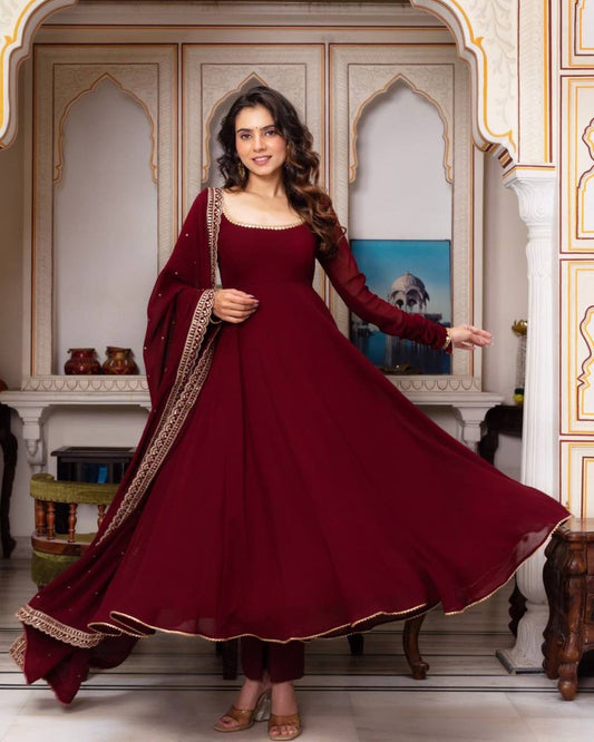 Maroon Color Georgette Base Embroidery Work Anarkali Suit