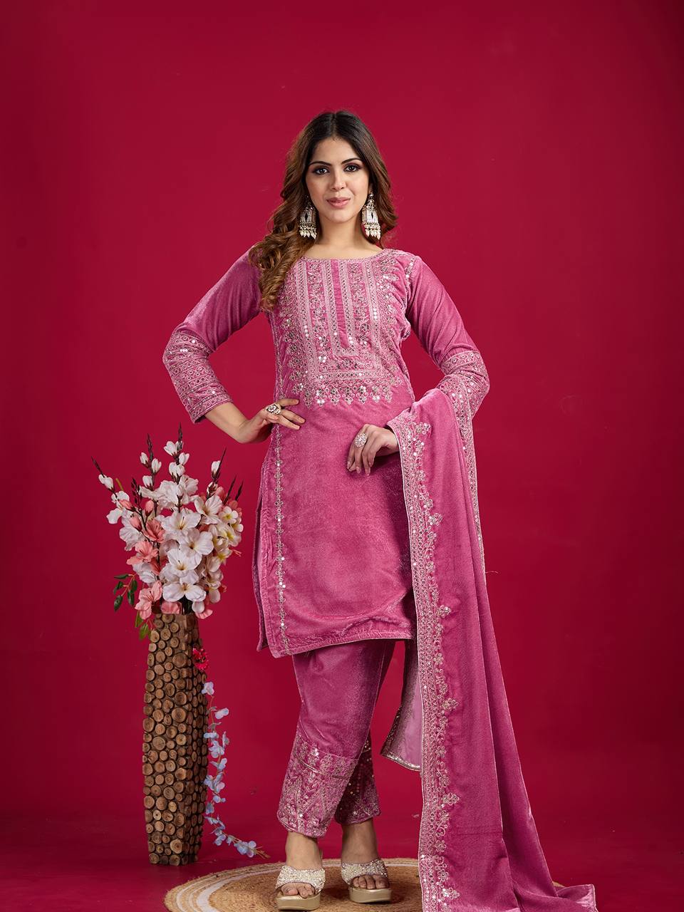 Pink Viscose Velvet Sequence Embroidery Work Salwar Suit