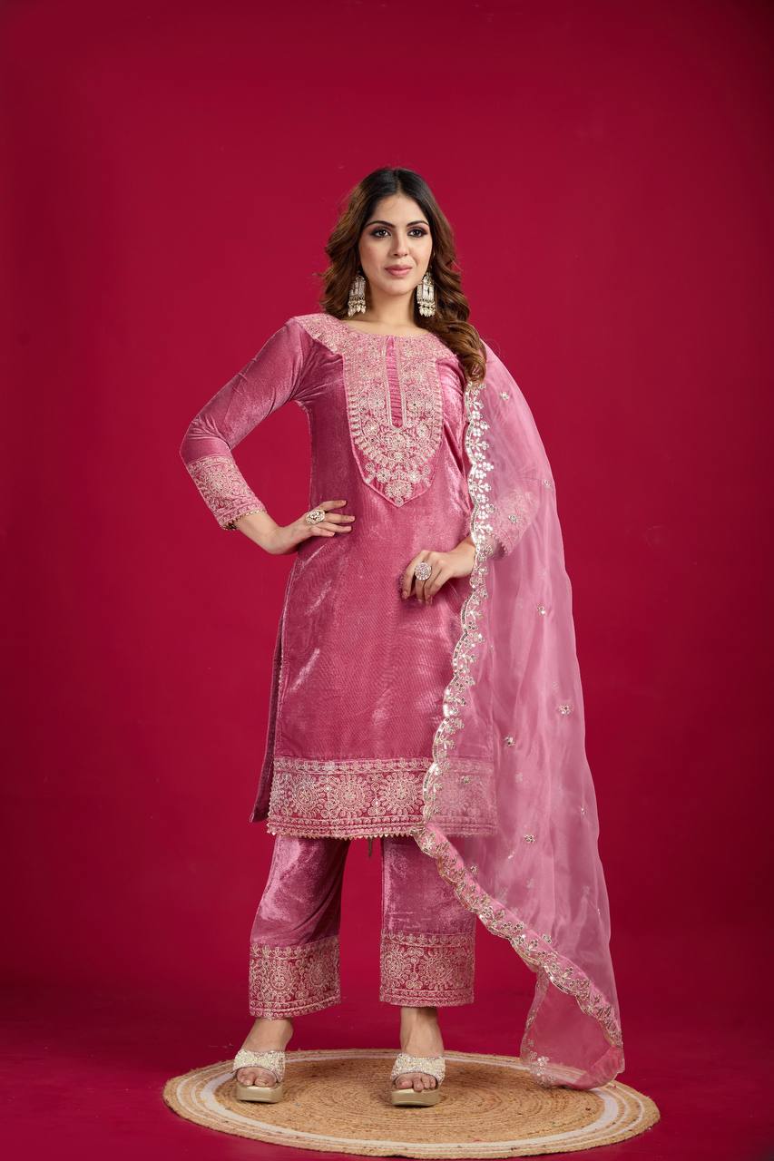 Function Wear Velvet Pink Color Salwar Suit With Duptta