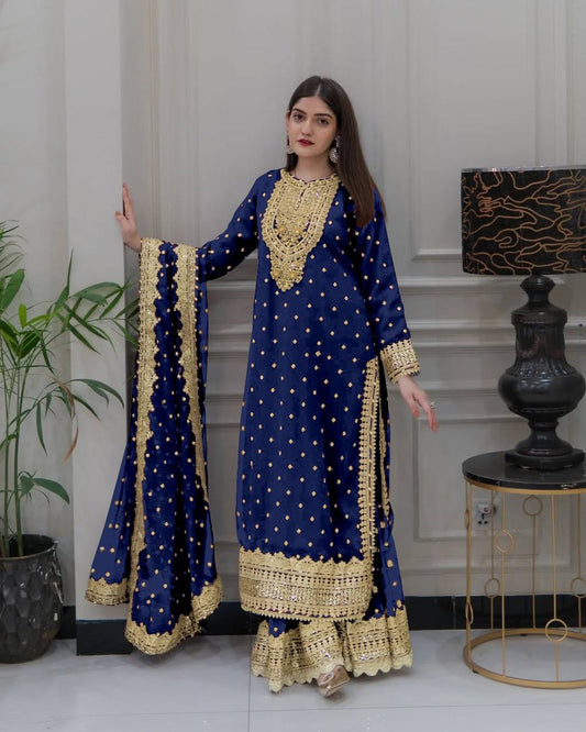 Blue Georgette Embroidery Sequence Work Top Sharara With Dupatta