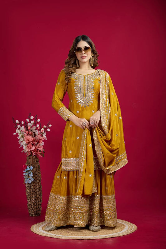 Yellow Chinnon Silk With Heavy Embroidery Sequence Work Top-Plazo And Dupatta Set