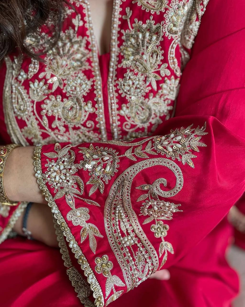 Red Chinono Top Bottom & Dupatta