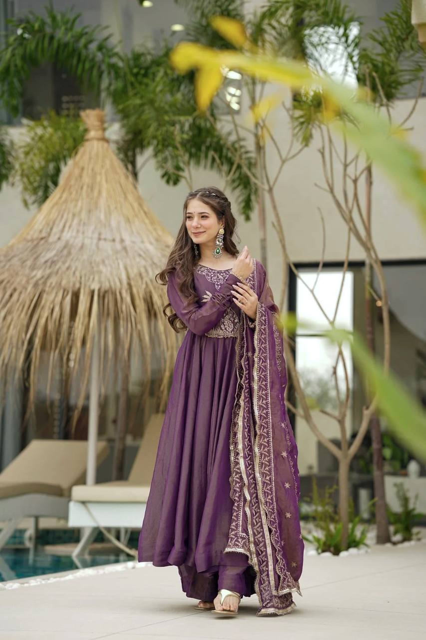 Party Wear Look Gown, Bottom And Dupatta In Fully Flair With Attached Pad Suit