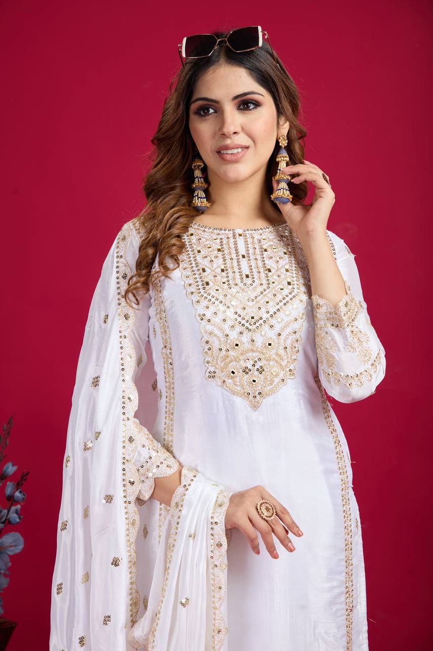 White Color Salwar Suit in Chinon With Heavy Sequins Embroidery and Real Mirror