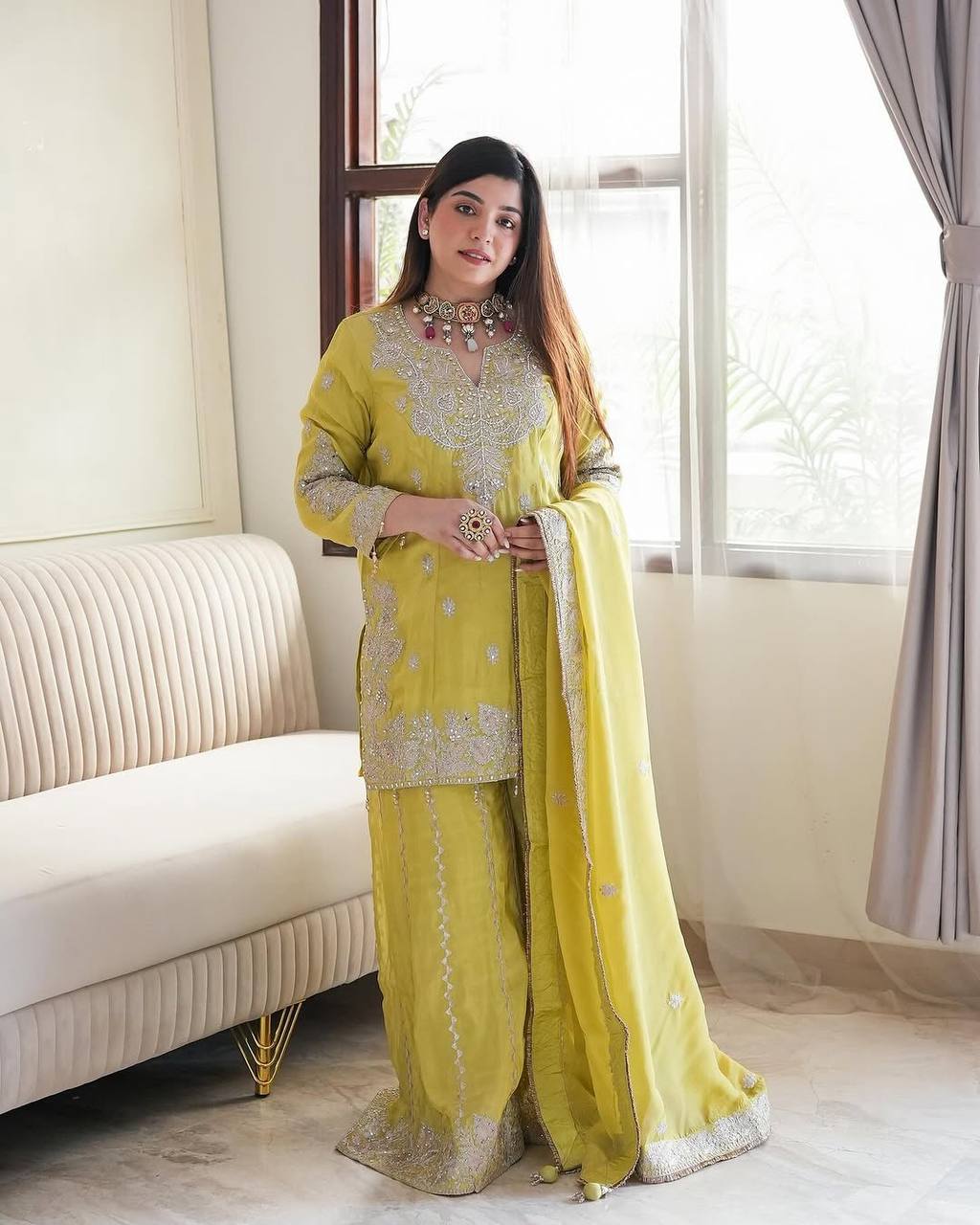 Heavy Chinon Silk With Heavy Embroidery Sequence Work Yellow  Kurta Sharara With Dupatta