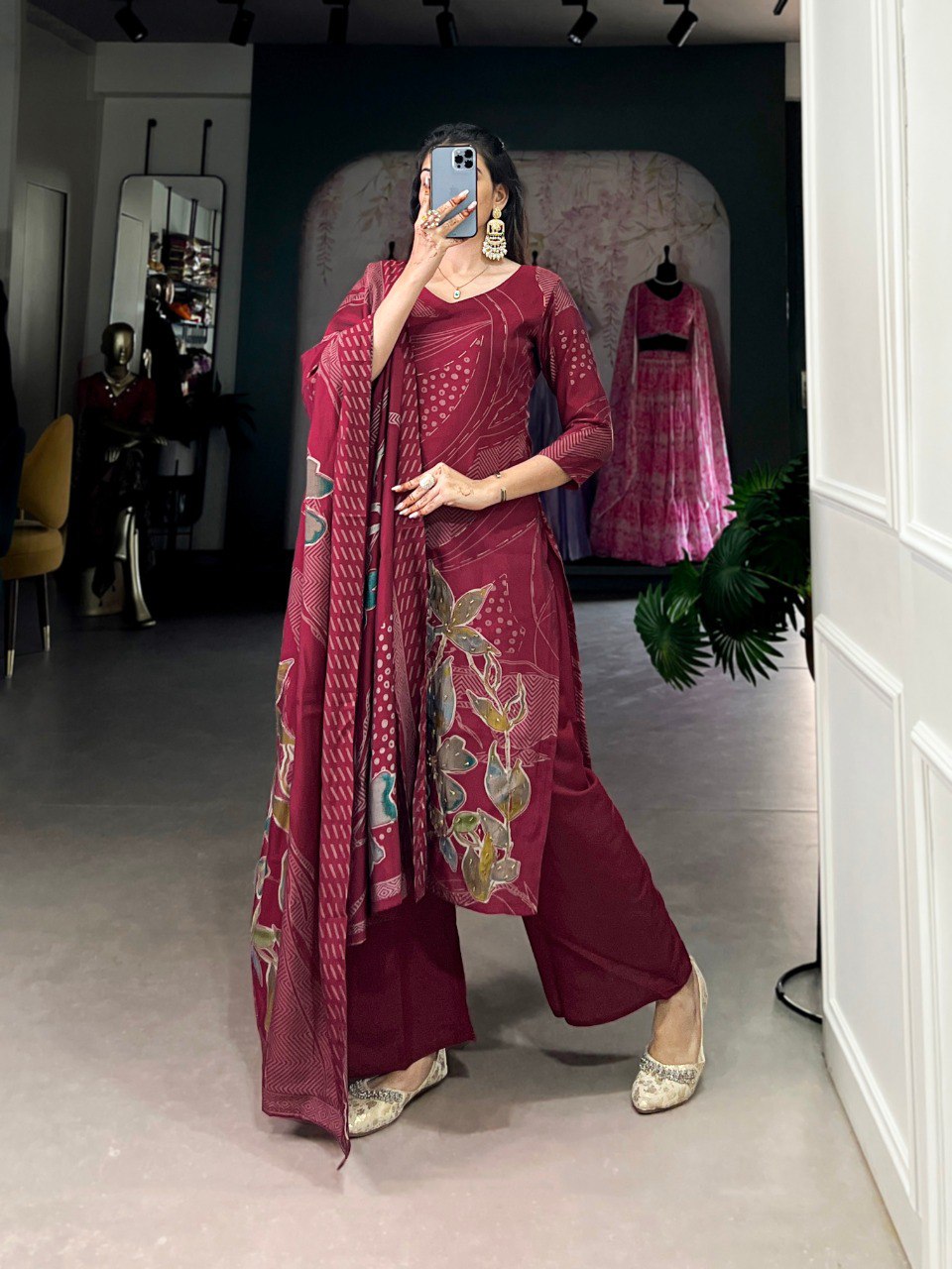 Roman Silk Salwar Suit Foral Print With Beets Handwork | Ready To Wear
