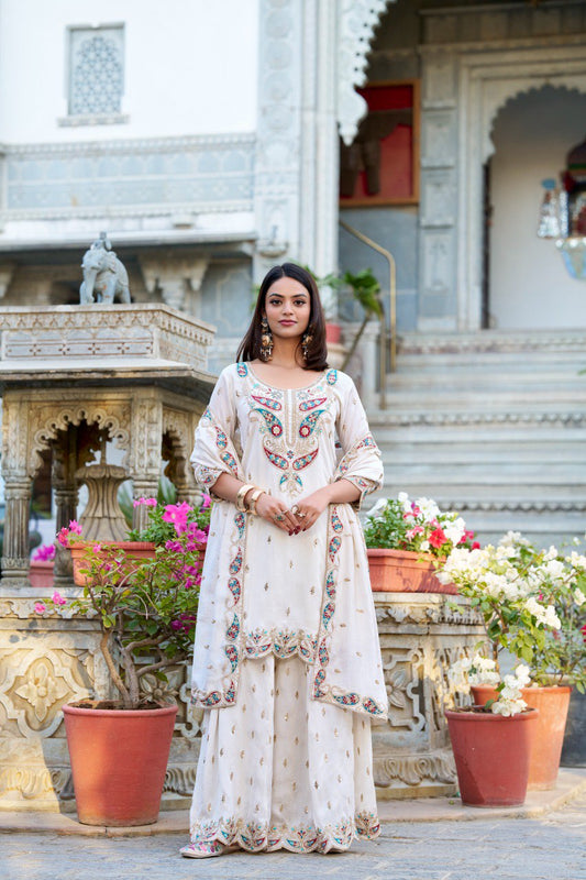 White Color Vichitra Silk Three Piece Kurti Suit