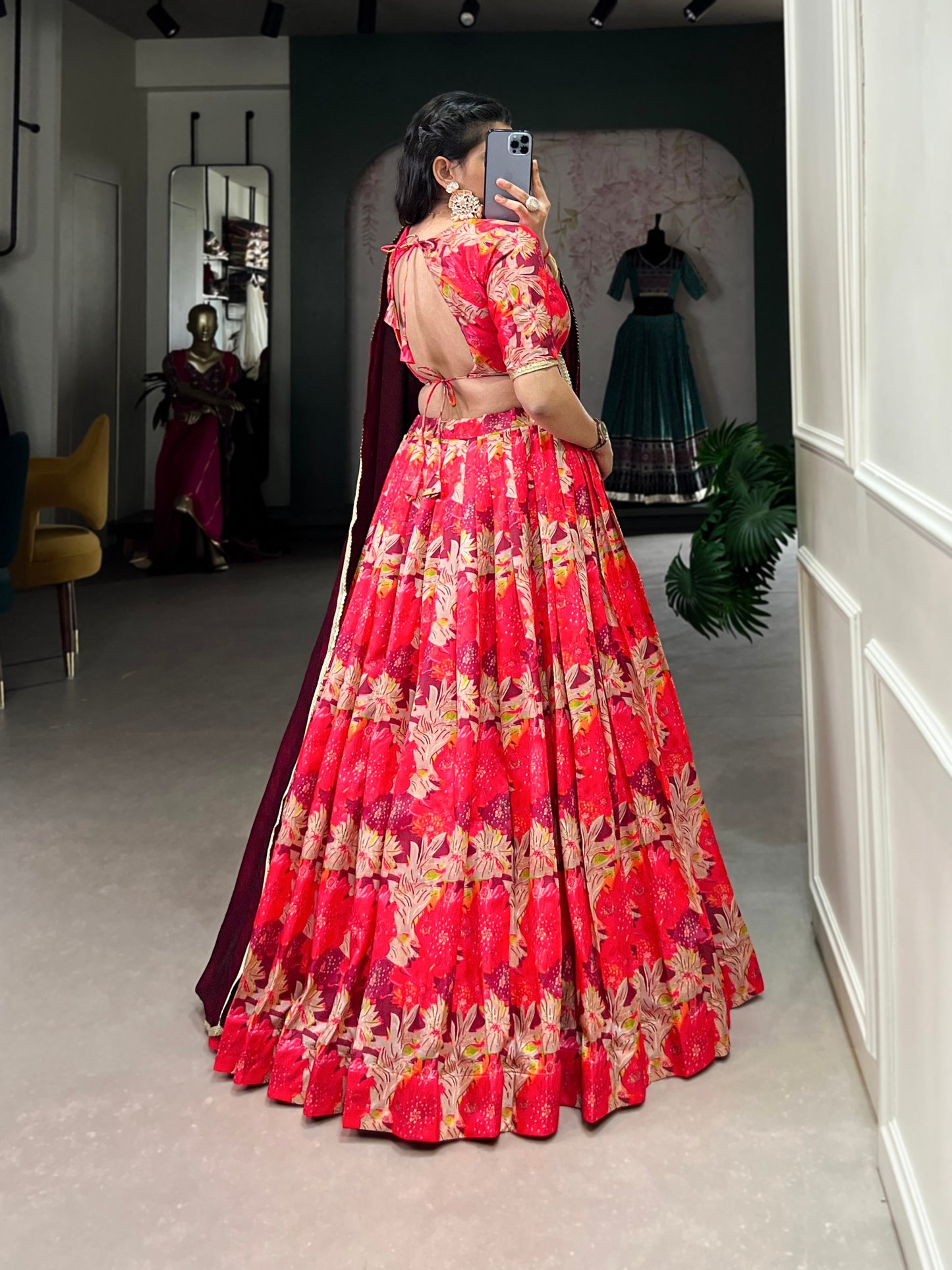 Red Color Tussar Silk Floral Printed Lehenga Choli