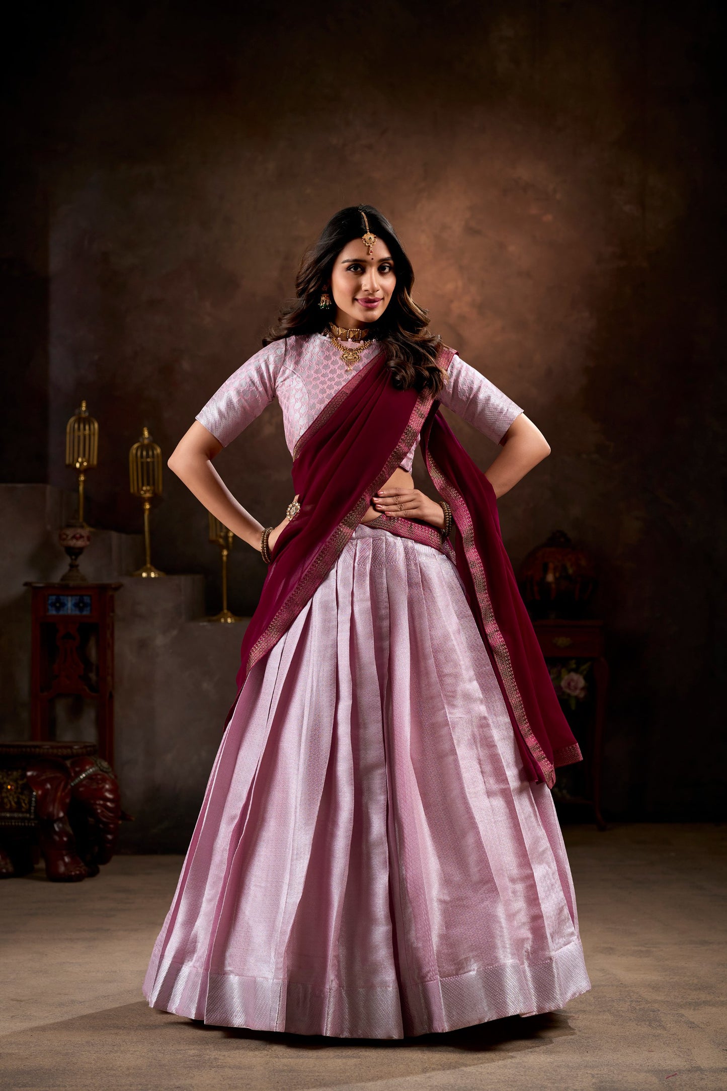 Pink Zari Work Ready to Wear Lehenga & Unstitched Blouse With Dupatta