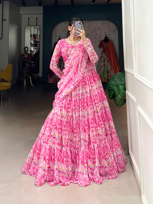 Pink Floral Printed Georgette Tiered Tradition Style Lehenga Choli