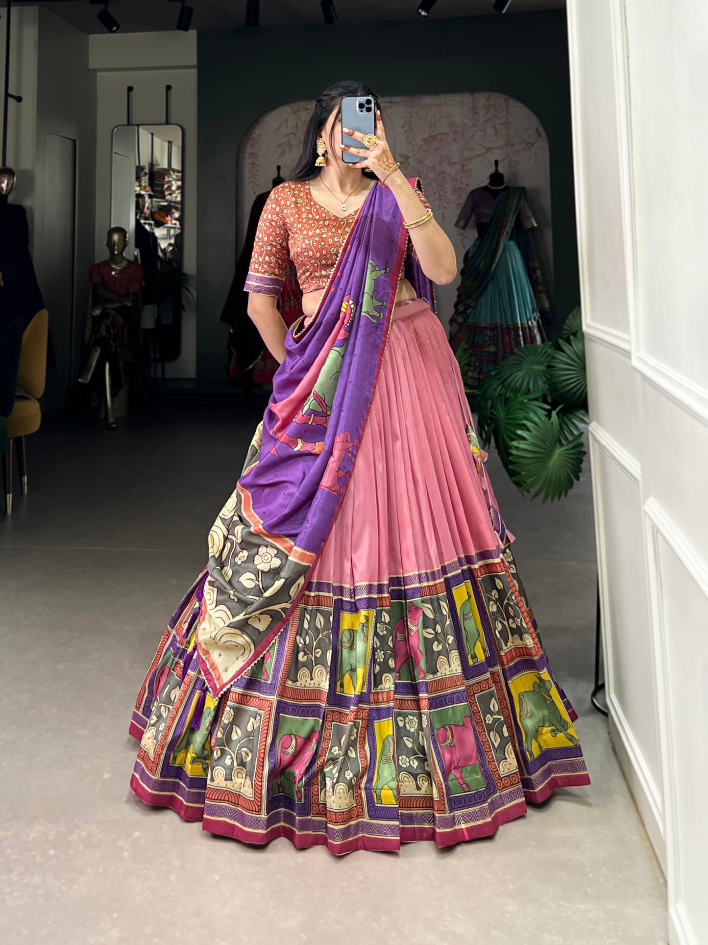 Pink Color Tussar Silk Kalamkari Printed Lehenga Choli