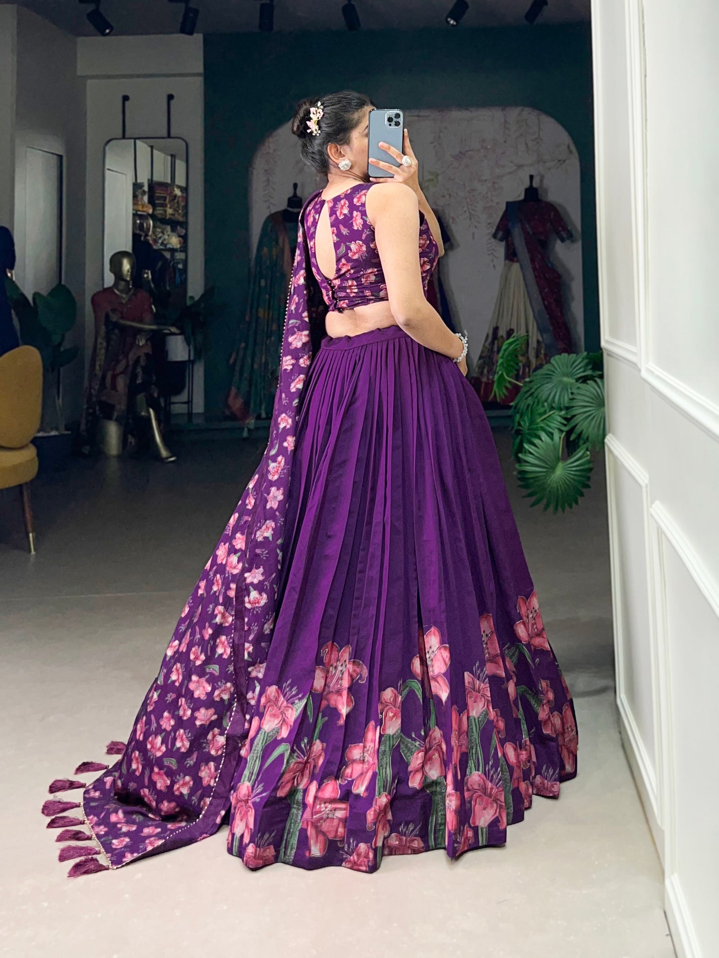 Floral Print Lehenga Choli in Purple Tussar Silk With Foil Work and Dupatta