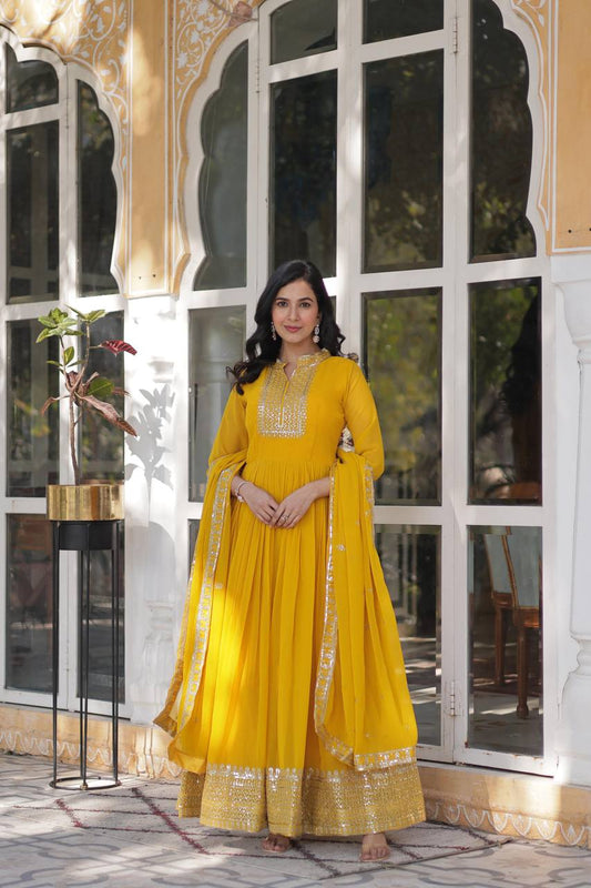 Majestic Yellow Color Fox Georgette Sequence Embroidery Gown