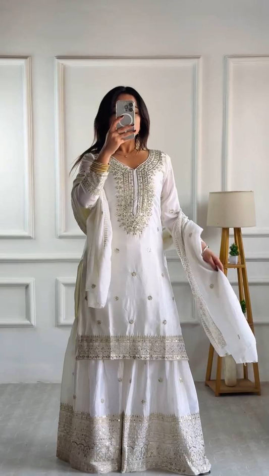 White Chinnon Silk With Heavy Embroidery Sequence Work Top-Plazo And Dupatta Set