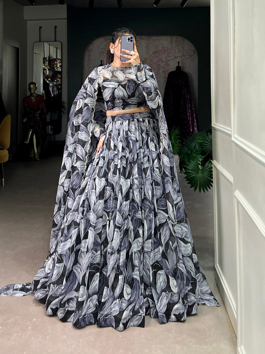 Black Color Lehenga Choli in Tabby Silk With Print With Hotfix Diamond Work