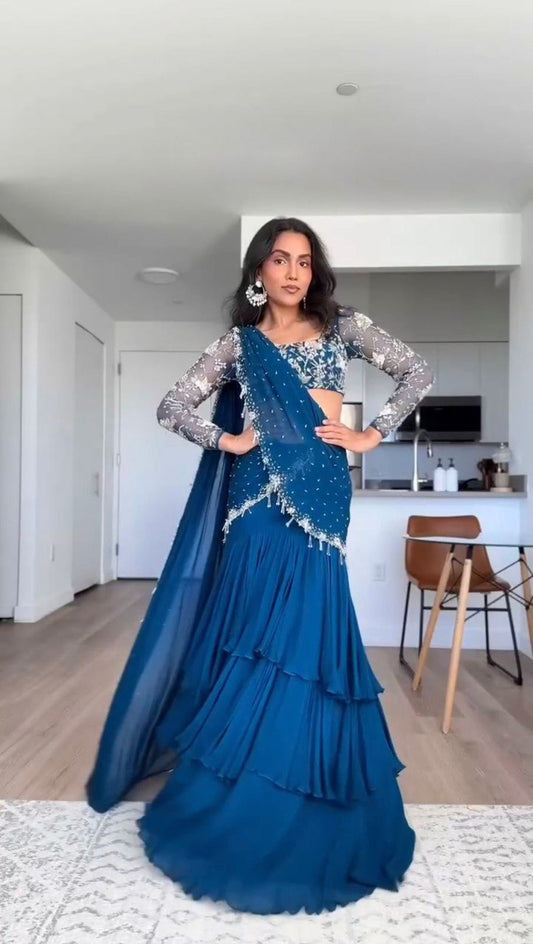 Designer Beautiful Georgette Ready To Wear Lehenga Saree