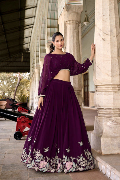 Beautiful Purple Embroidered Georgette Haldi Wear Crop Top Lehenga