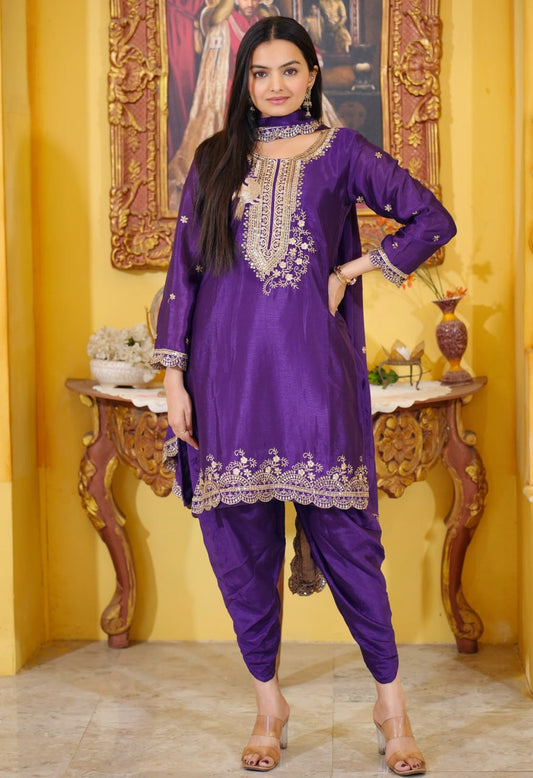 Violet Purple Organza Satin Embroidered Dhoti Suit